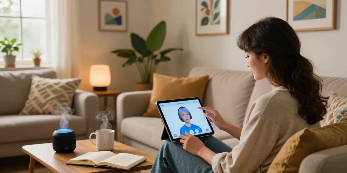 Engaging interaction with an AI girlfriend in a cozy living room, showcasing technology and warmth.