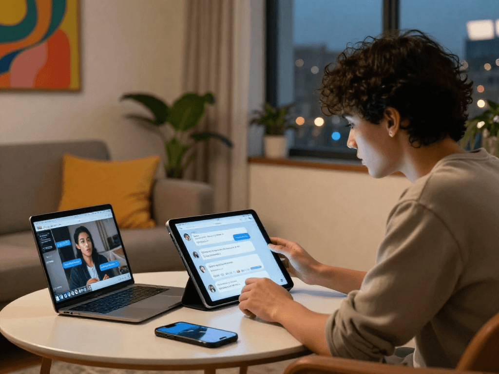 Engaging AI chat porn interactions on a stylish tablet in a cozy setting.