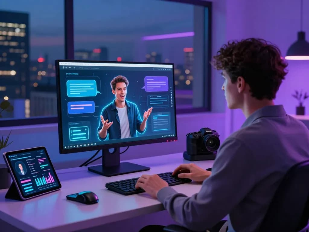 Engaging AI porn chat session on a sleek digital interface, showcasing vibrant colors and modern workspace.