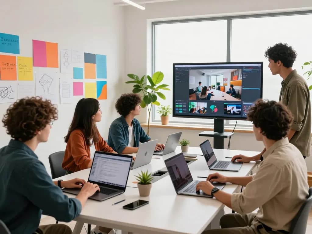 Team using Seedance 2.0 AI for collaborative video production in a bright, modern workspace.