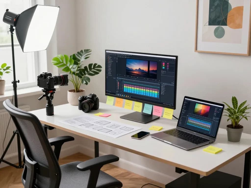 Professionals using seedance ai in a bright creative workspace, surrounded by production tools.
