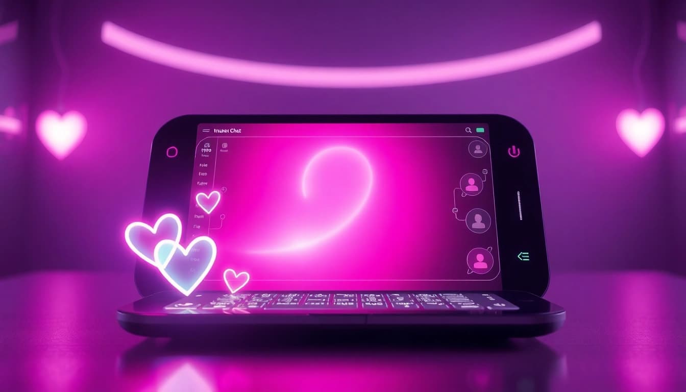 Engaging representation of sex chat AI technology with modern digital interfaces and emotional symbols.