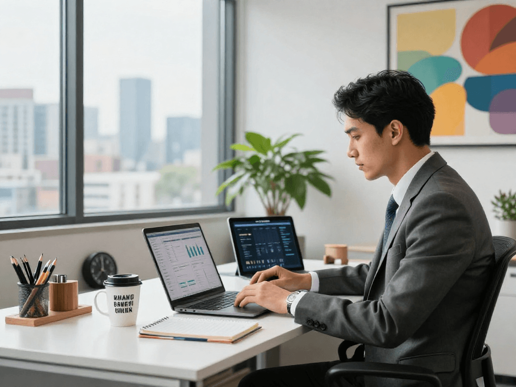 Professional business workspace featuring IDXSTAR analytics on a laptop, promoting productivity and innovation.