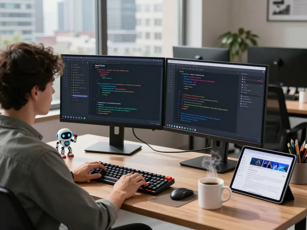 Dynamic workspace featuring a clawbot integrated software developer with dual monitors and modern tech accessories.