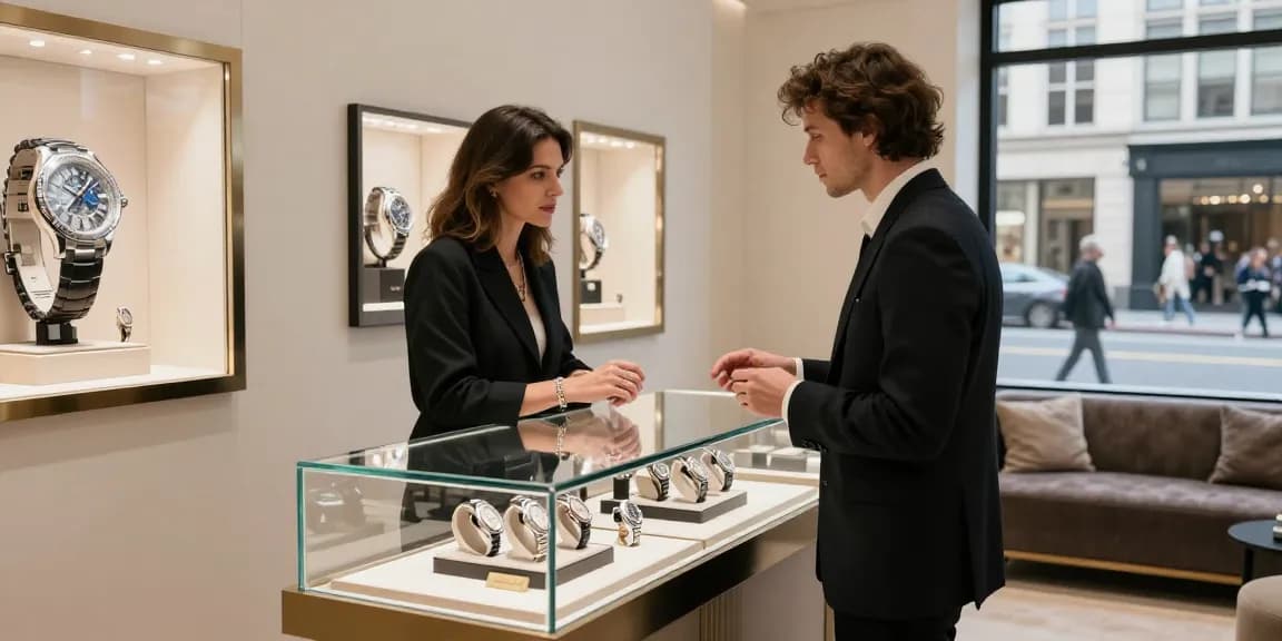 Fashionable individual interacting with a sales associate over replica watch display in elegant boutique.