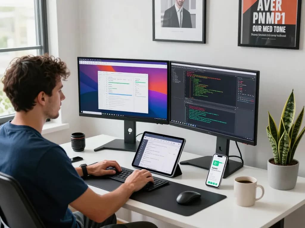 Molt bot assisting a developer in a modern workspace, showcasing task management and coding tools.