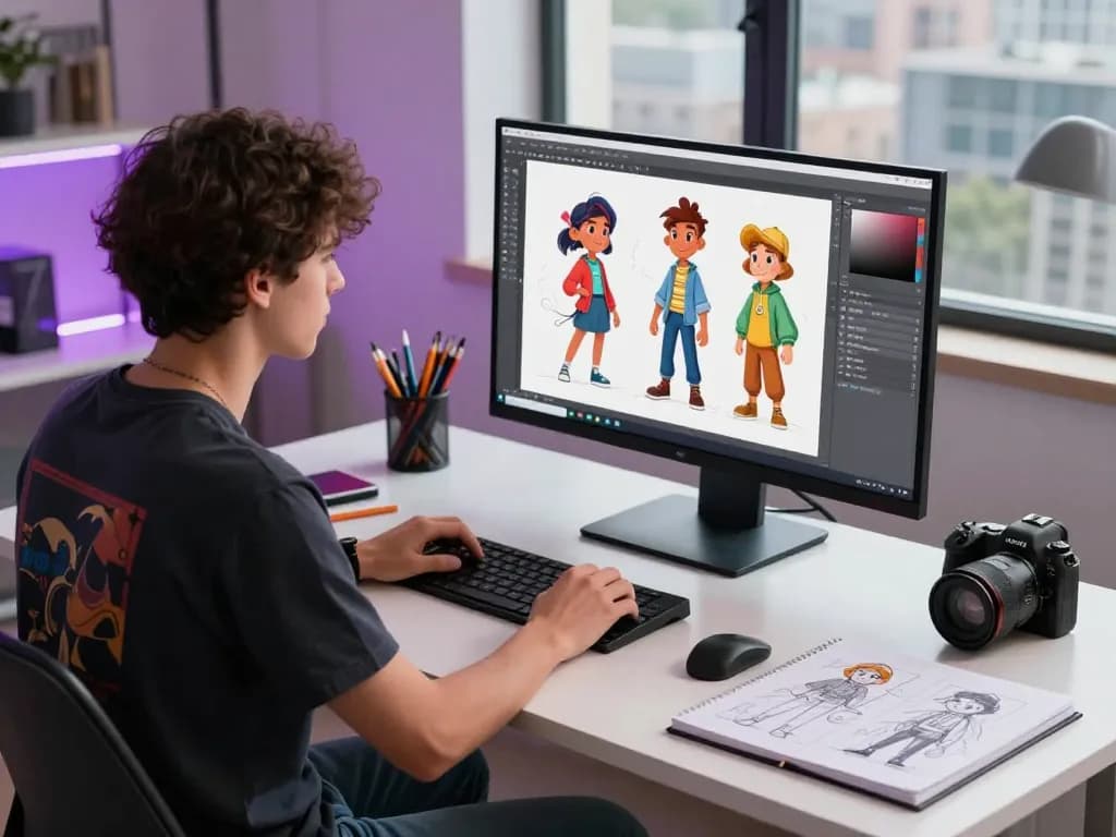 Creative digital artist designing CrushOn AI characters in a modern workspace, vibrant and inspiring.