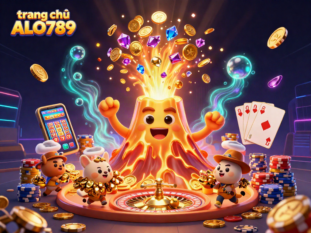 Experience the excitement of trang chủ ALO789 with a vibrant 3D casino scene featuring a golden volcano, treasure, and game elements.