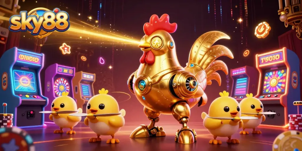 Shoot for jackpots and big wins at sky88's vibrant casino environment with 3D characters and gaming elements