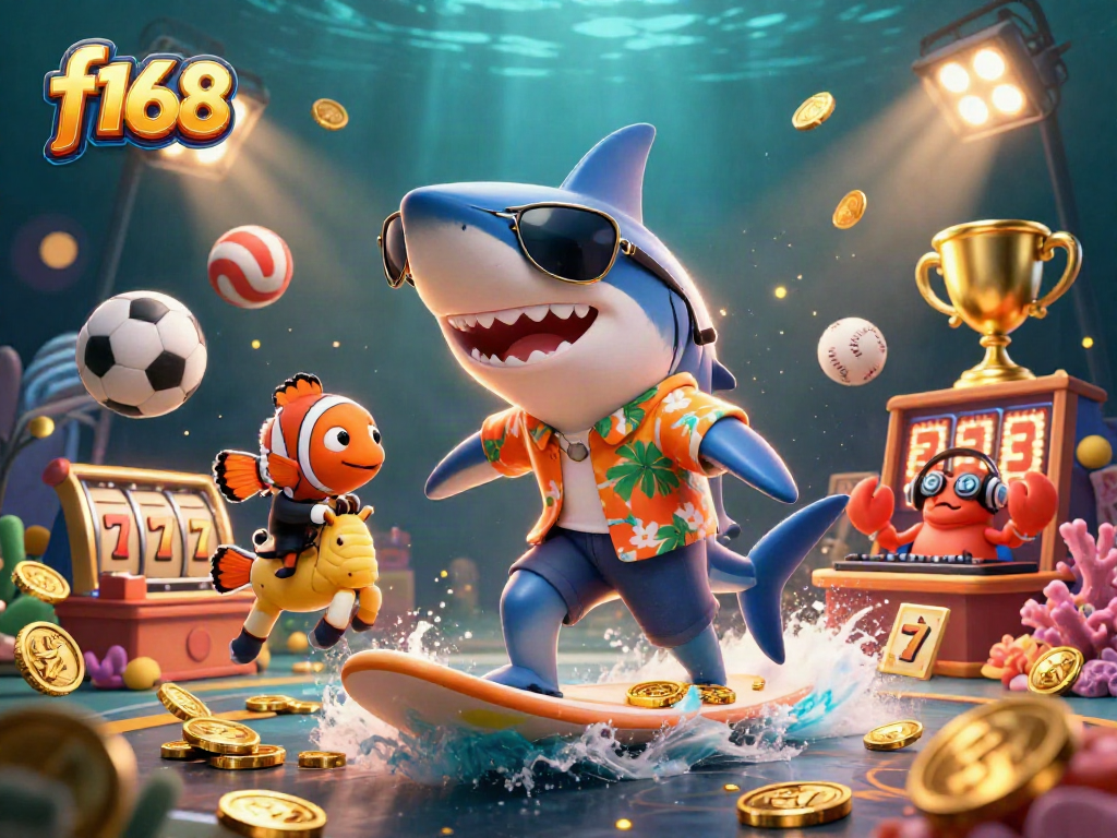 Bet on joy with f168: A playful underwater casino scene featuring a shark surfer and more!