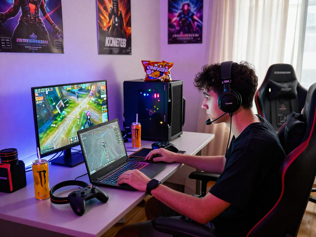 KOMBET168 gaming experience with player on laptop surrounded by accessories.