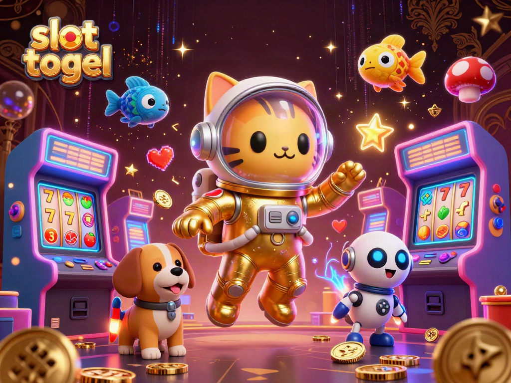 Experience slot togel excitement with a floating astronaut cat and dynamic casino elements.