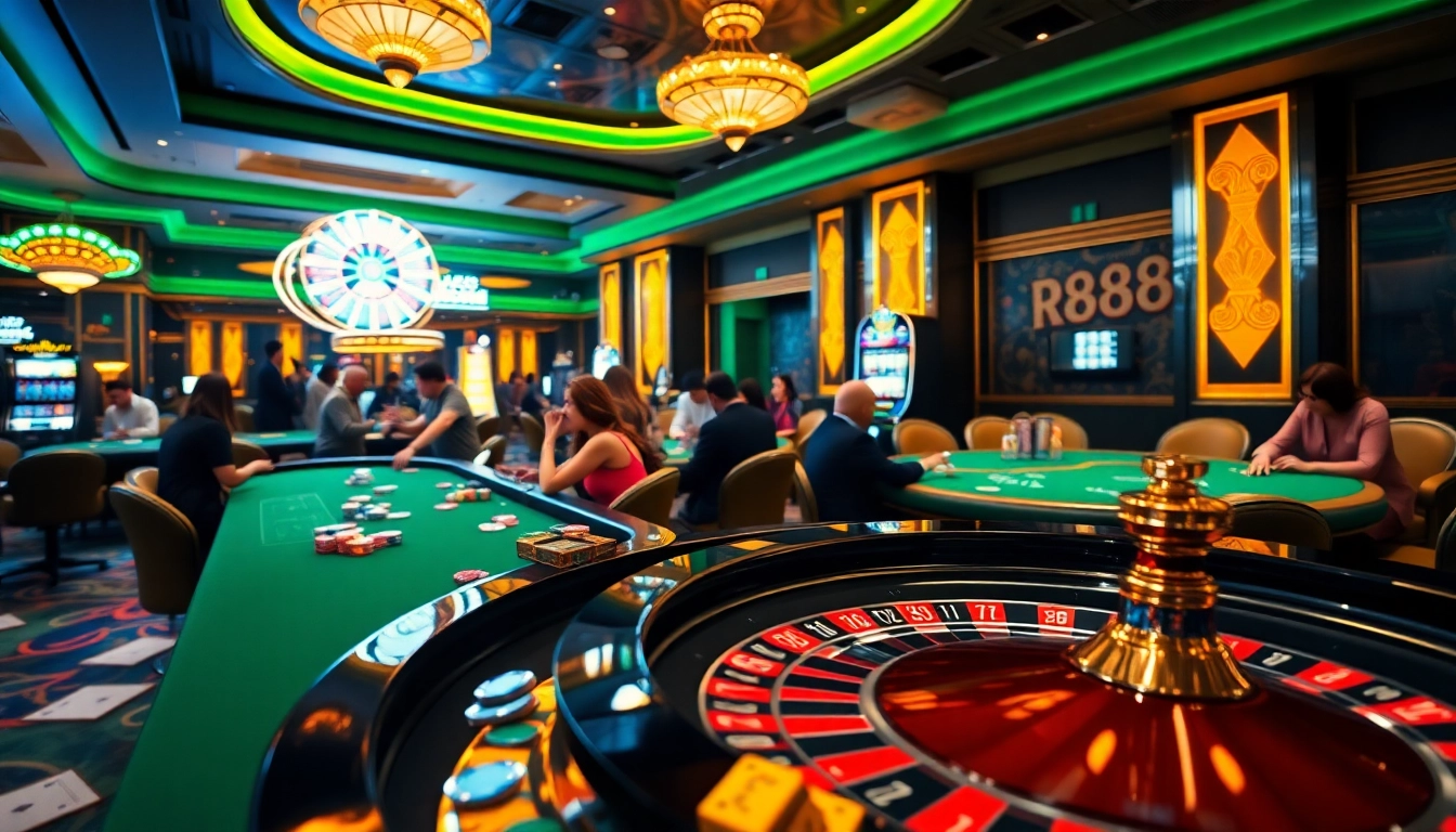 Experience the thrill of RR888 gaming with an illuminated casino scene featuring roulette and poker.