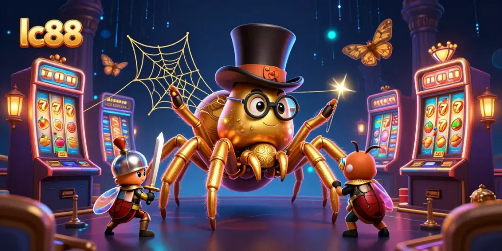 Play slots at lc88 with a golden tarantula and beetle knight in a casino scene.