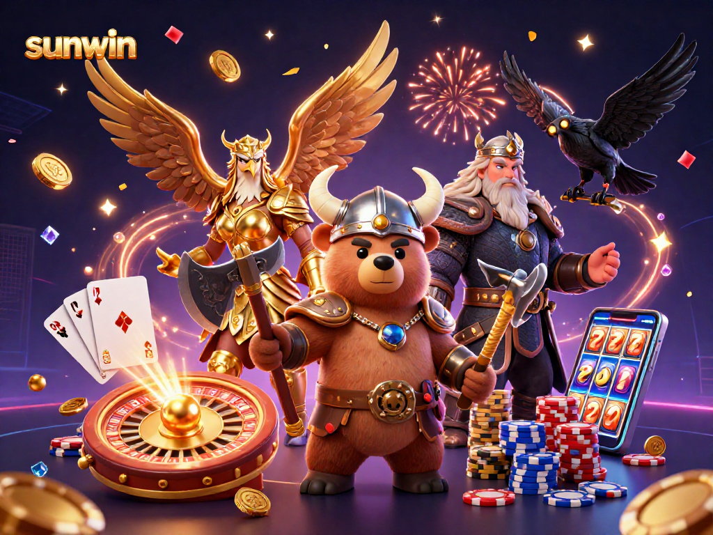 Experience the thrill of gambling with sunwin featuring Viking characters and casino elements, celebrating with coins and confetti.