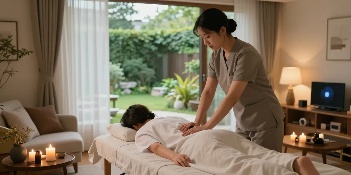 Relaxing 은평구출장마사지 session in a serene home setting with therapist and calming ambiance.