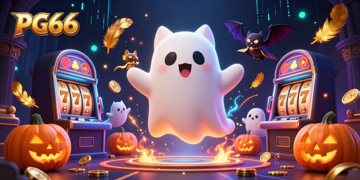 PG66 players enjoy a thrilling casino atmosphere with a ghost cat and vampire bat amidst slots and gold coins.
