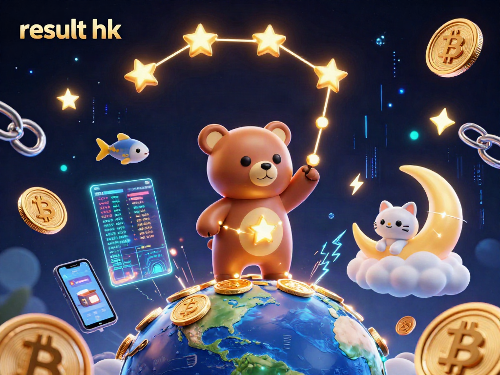Engage with the result hk lottery games featuring a cosmic bear and neon crypto elements.