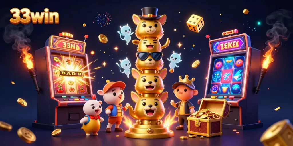 Experience the thrilling jackpots and vibrant gaming action at 33win online casino with a colorful 3D scene.