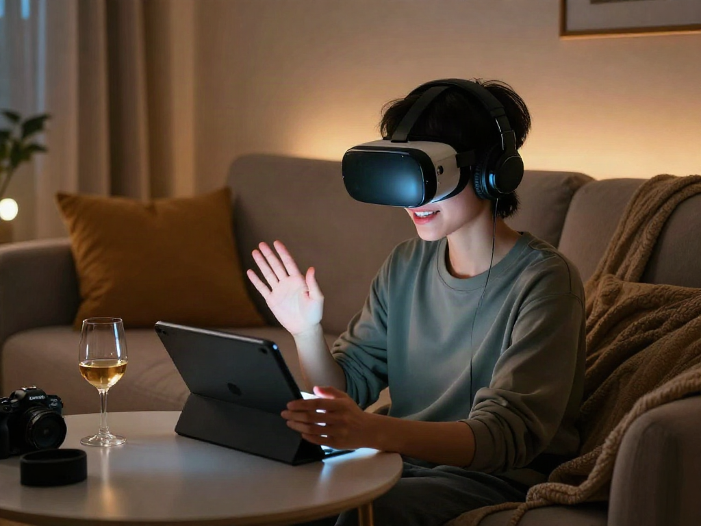 Engaging AI chat porn interaction in a cozy setting with virtual character on a tablet.
