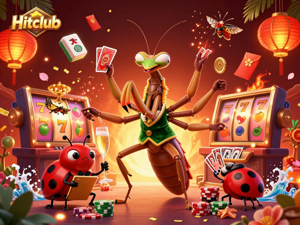 Hitclub showcases a dynamic casino scene with a mantis card sharp and vibrant slot elements.