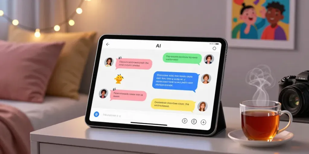 AI chat porn conversation on a tablet in a cozy bedroom setting, showcasing playful interactions.