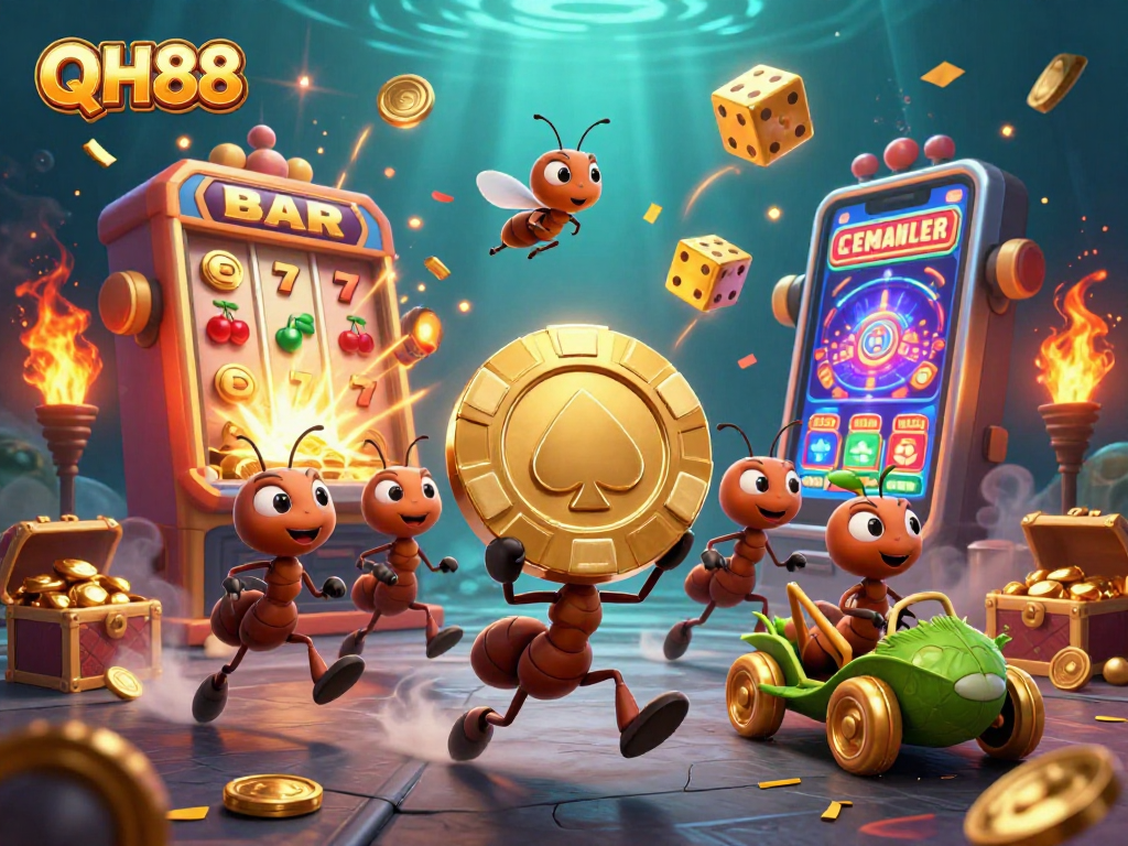 Experience the excitement of QH88 with cartoon ants in a casino heist, winning golden chips!