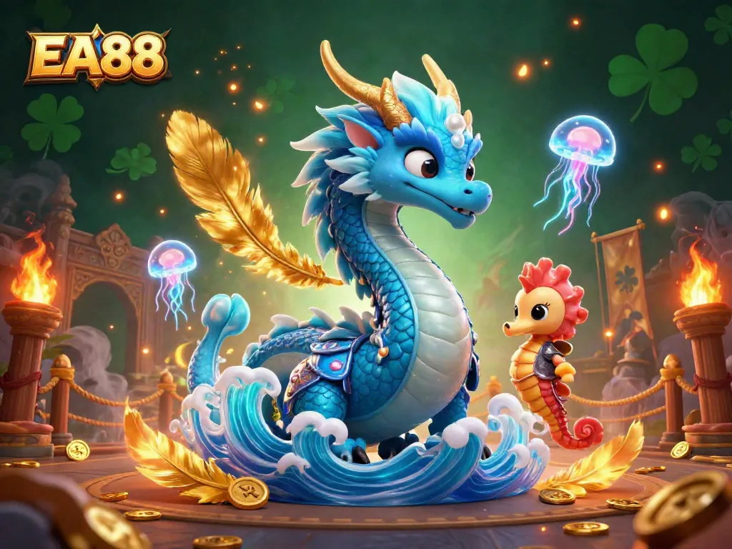 Engage in EA88's thrilling adventures with a vibrant 3D underwater scene featuring dragon and knight.