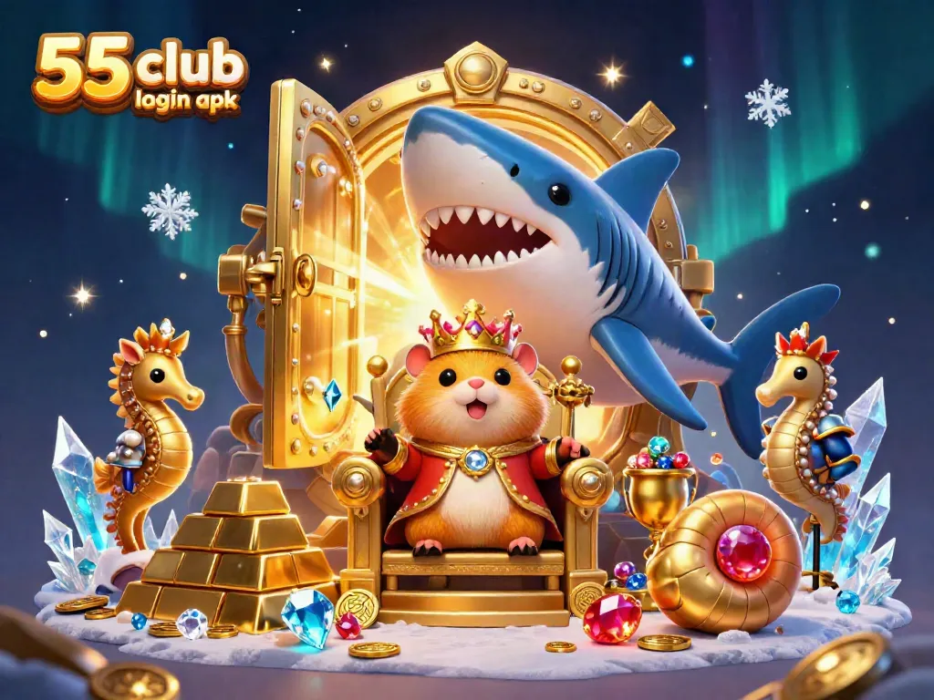 Join the thrilling action with 55 club login apk, featuring a golden hamster king amidst treasure and games.