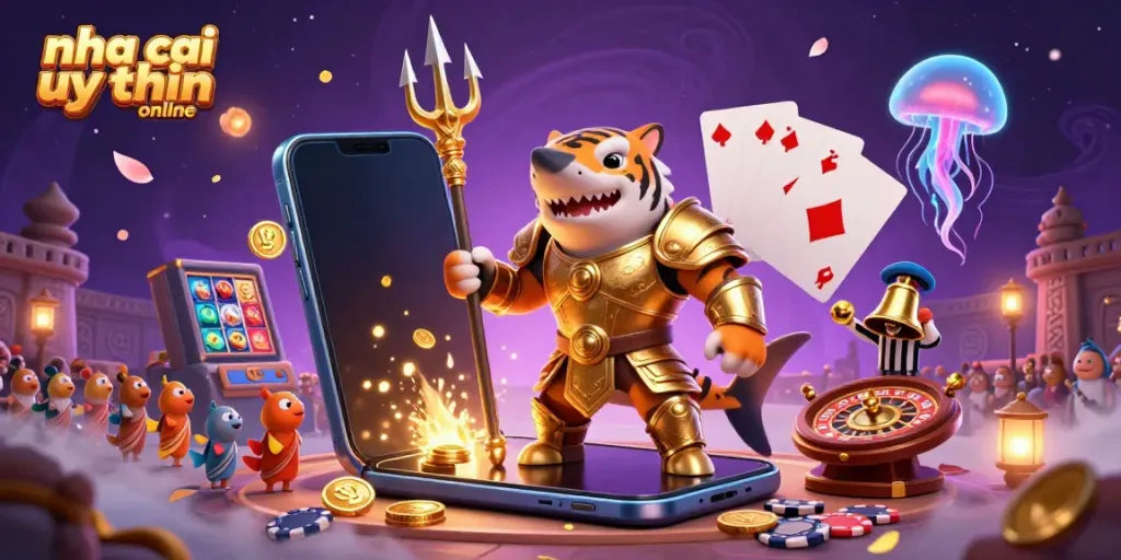 Engage with nha cai uy tin online through this vibrant underwater casino scene featuring a tiger shark in gladiator armor.
