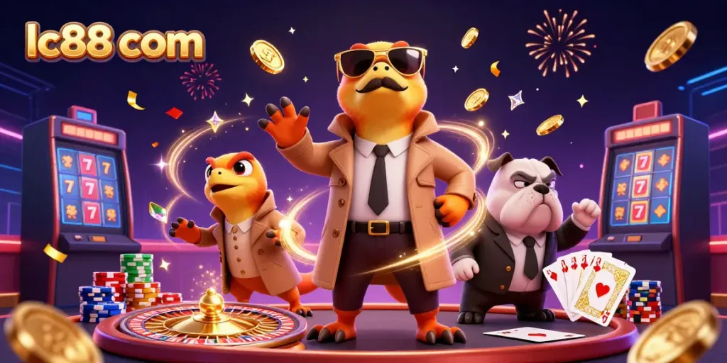 Experience premium gaming thrills at lc88 com with a trio of raptors in disguise entering a VIP casino.
