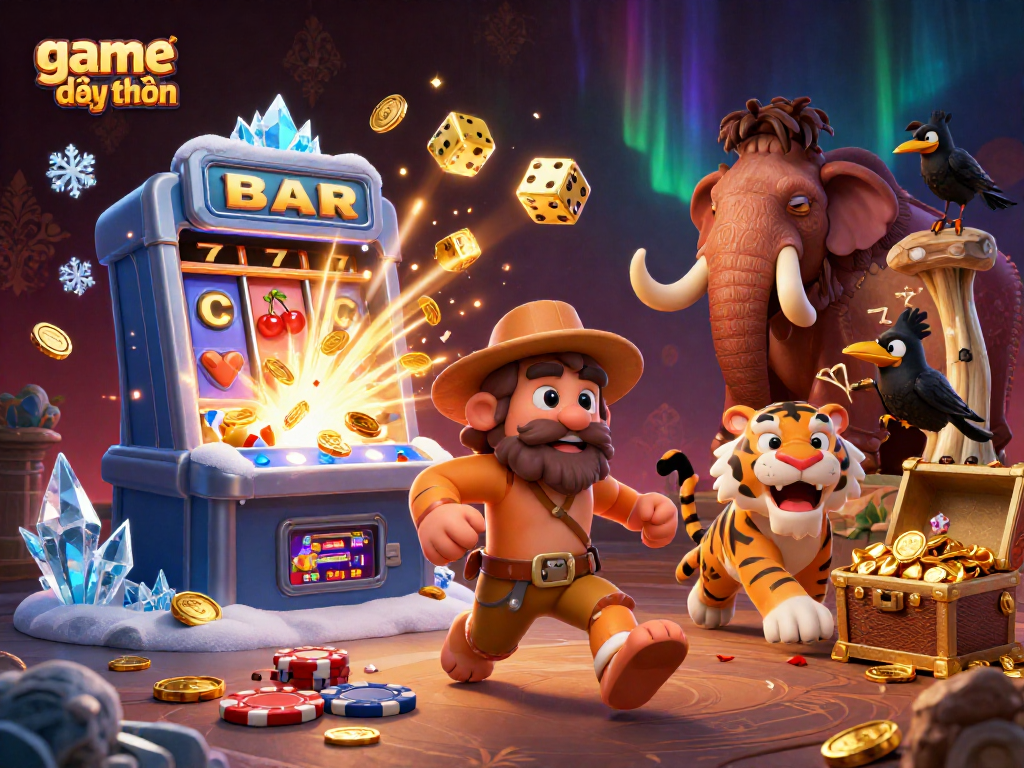 Engage in game đổi thưởng action at a lively prehistoric casino with fun characters and vibrant elements.