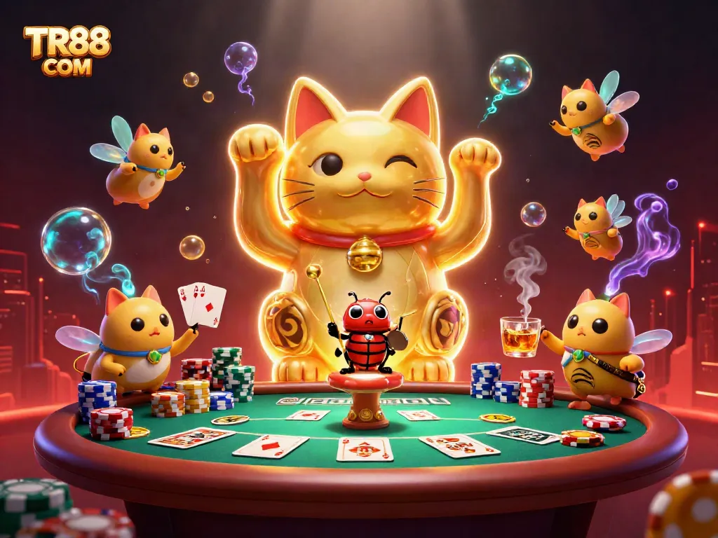 Experience the excitement of TR88 COM with a vibrant illustration featuring a lucky cat and poker elements.