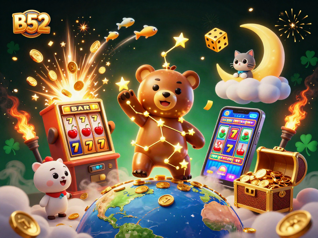 B52 gamblers thrive with a jackpot explosion from a slot machine amidst golden coins