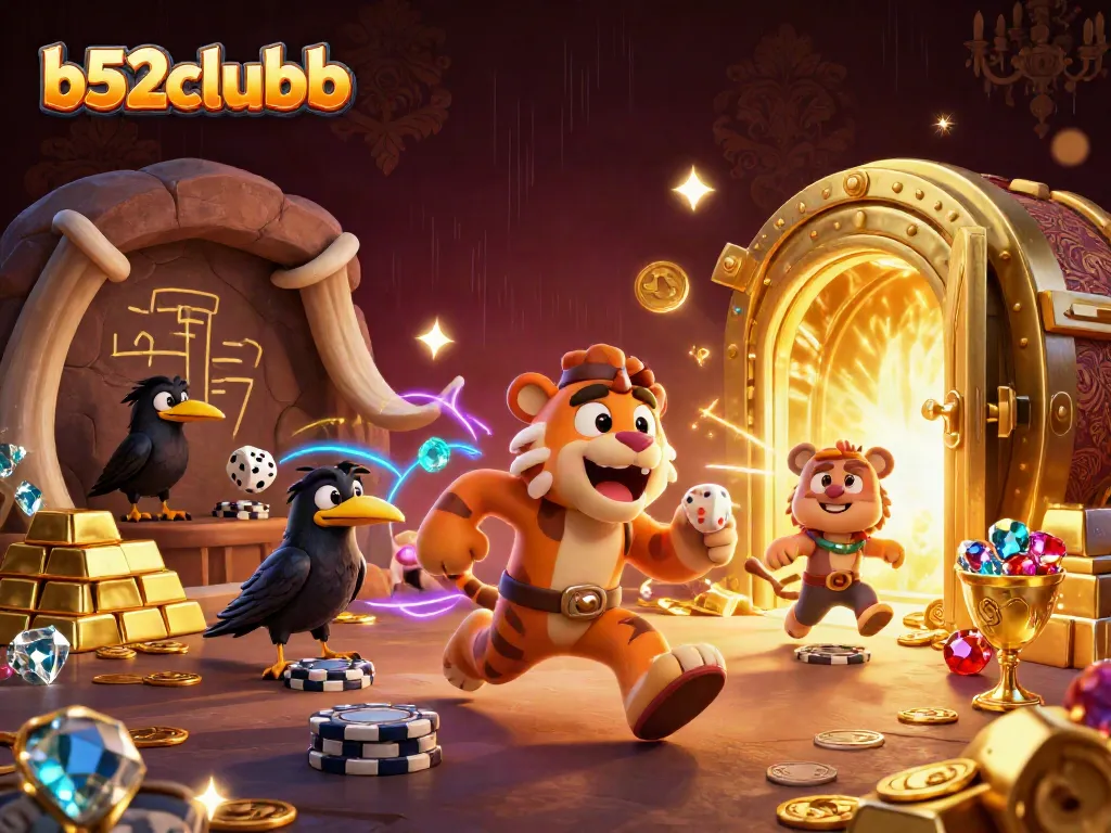 b52clubb brings fortune with a lively caveman casino scene featuring golden treasures and dazzling game elements.