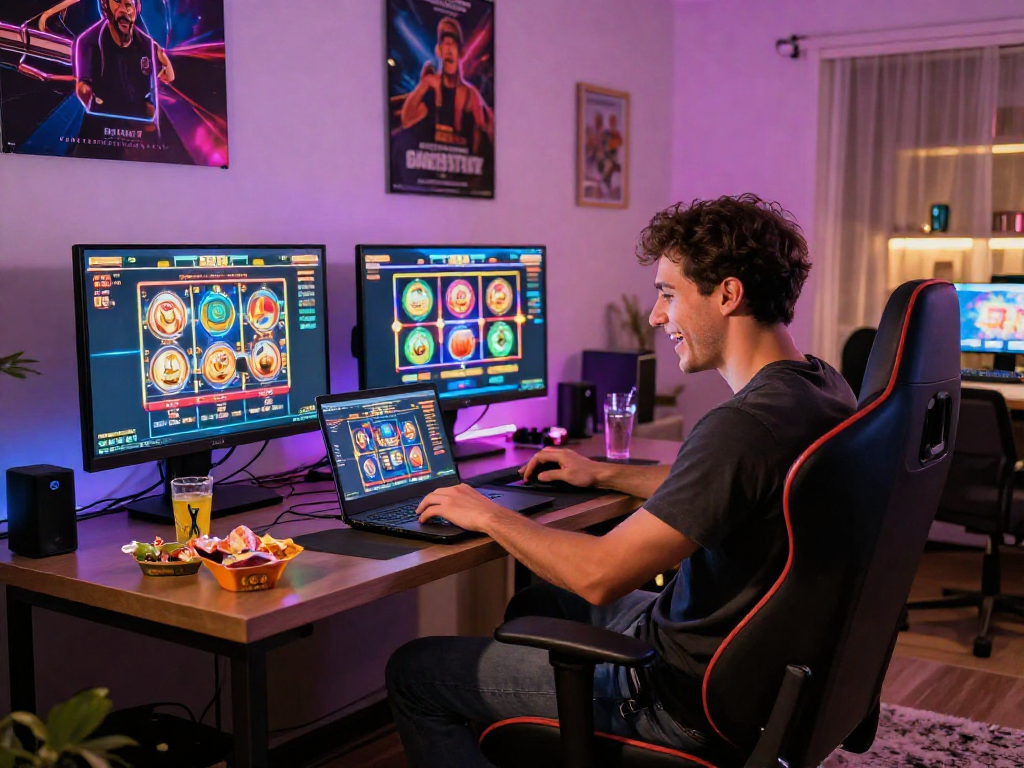 Engaged player enjoying a non gamstop casino experience at home with vibrant slot games.