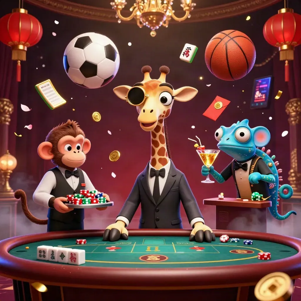 Neon casino trio with sports balls, flying gold tiles, and rich dramatic lighting.