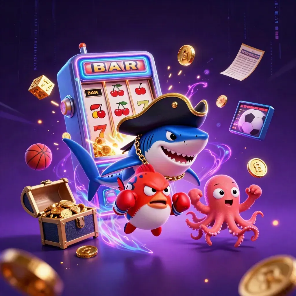 Pirate shark, boxing pufferfish and coin-juggling octopus amid neon slot bursts and gold