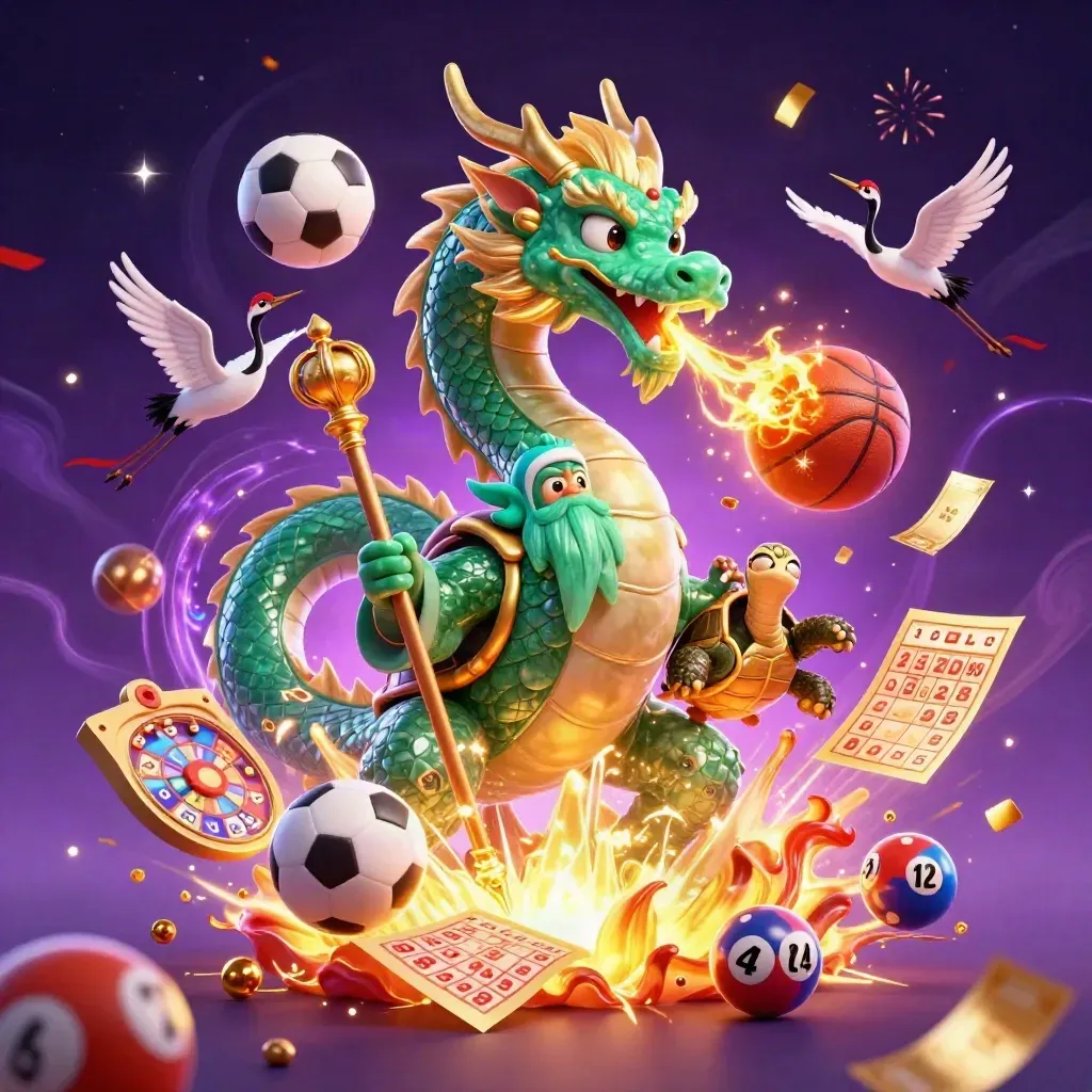 Dragon, turtle sage and cranes amid casino game icons and sports balls in neon space.