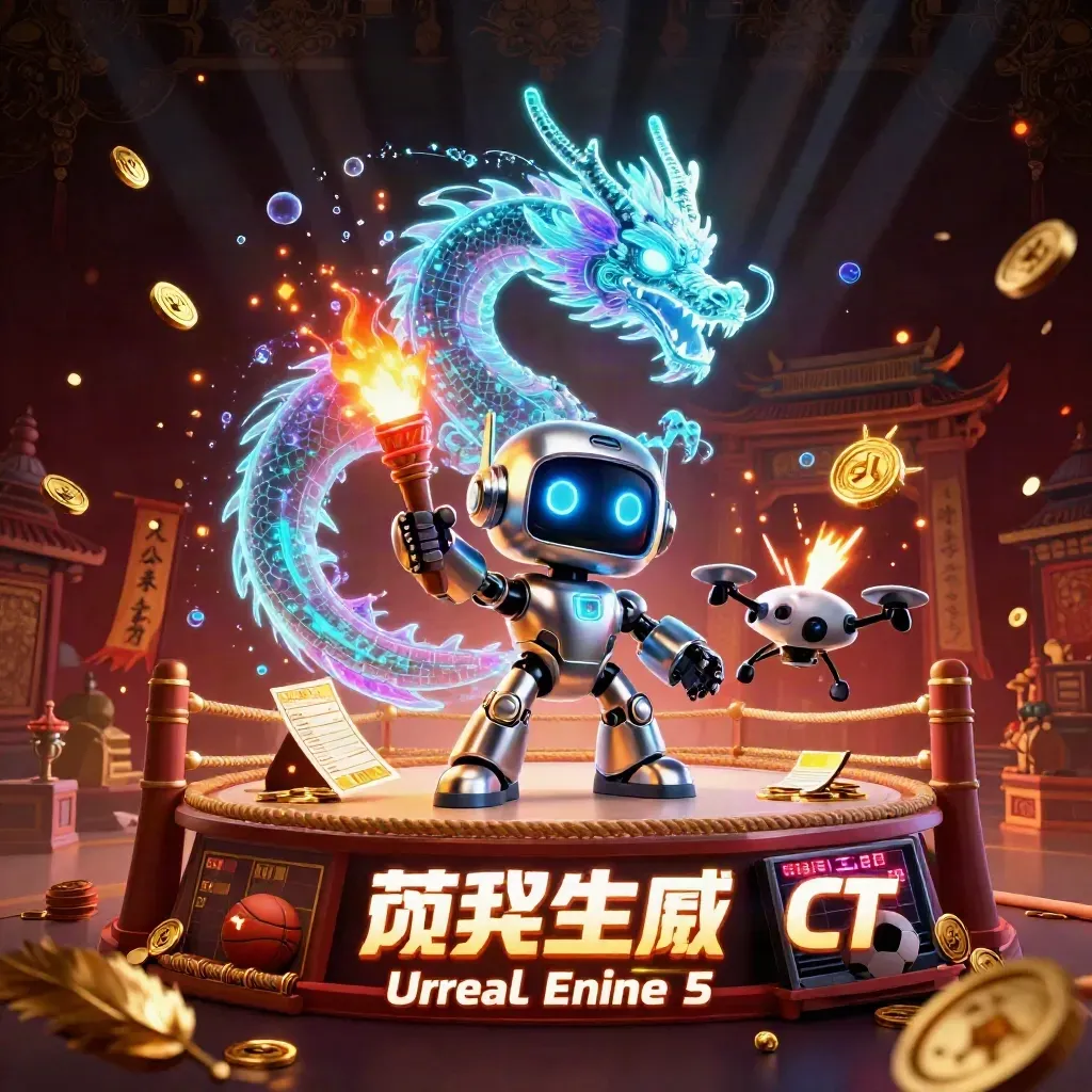 Cyberpunk robot, holographic dragon, and coin drone in a neon casino temple with gold coins and sports props.