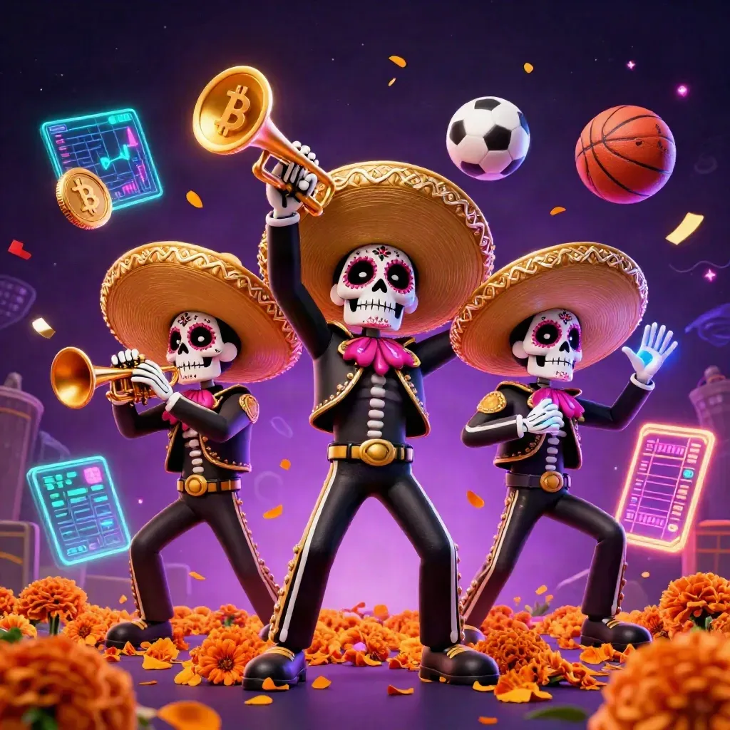 Skeleton mariachi trio with neon crypto, sports-bet icons, and fireworks in a purple casino storm
