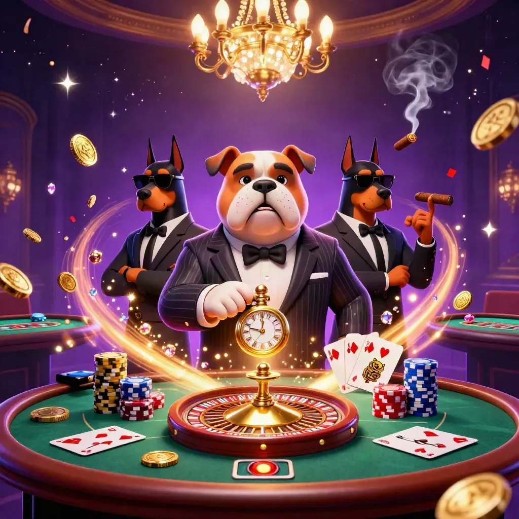 Bulldog mafia boss with Doberman guards amid glowing casino props and purple neon smoke.