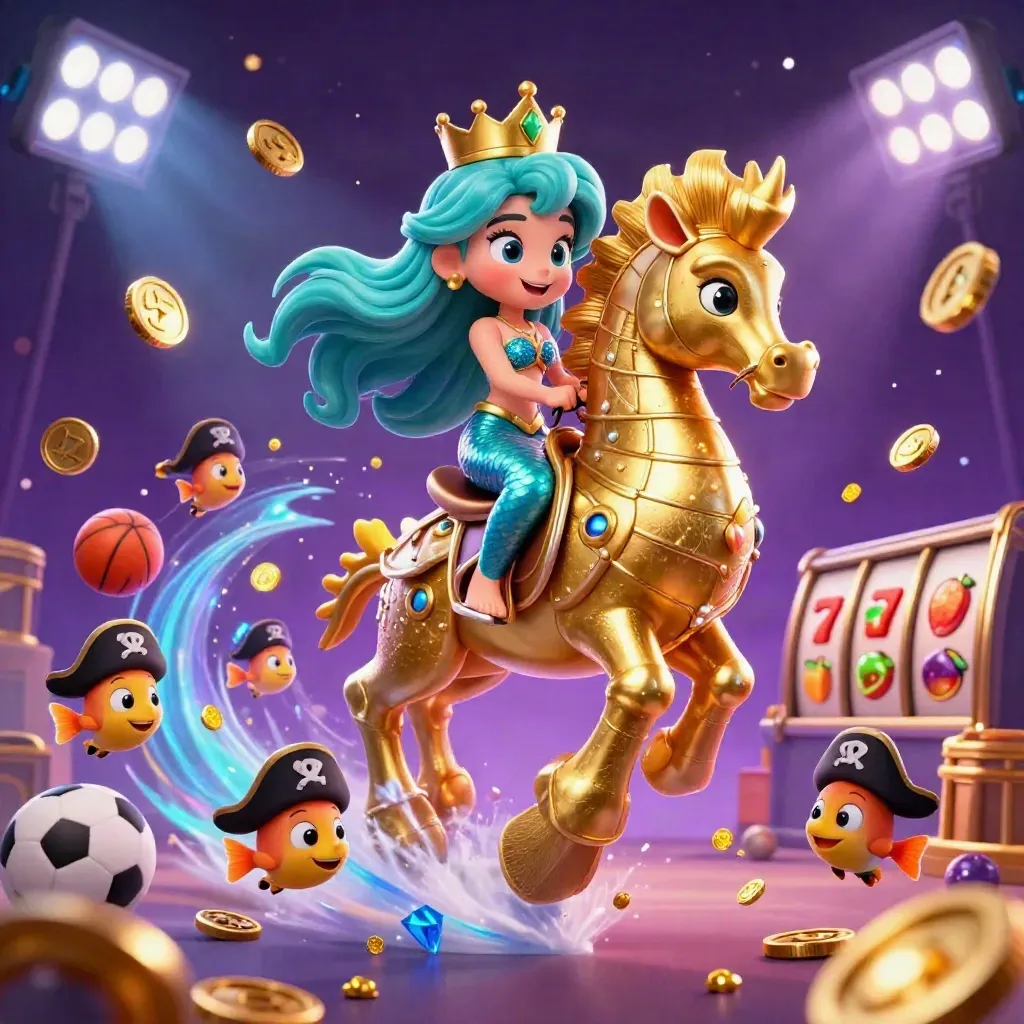 Mermaid princess rides a gold-armoured seahorse amid fish, coins, balls and neon casino sparks.