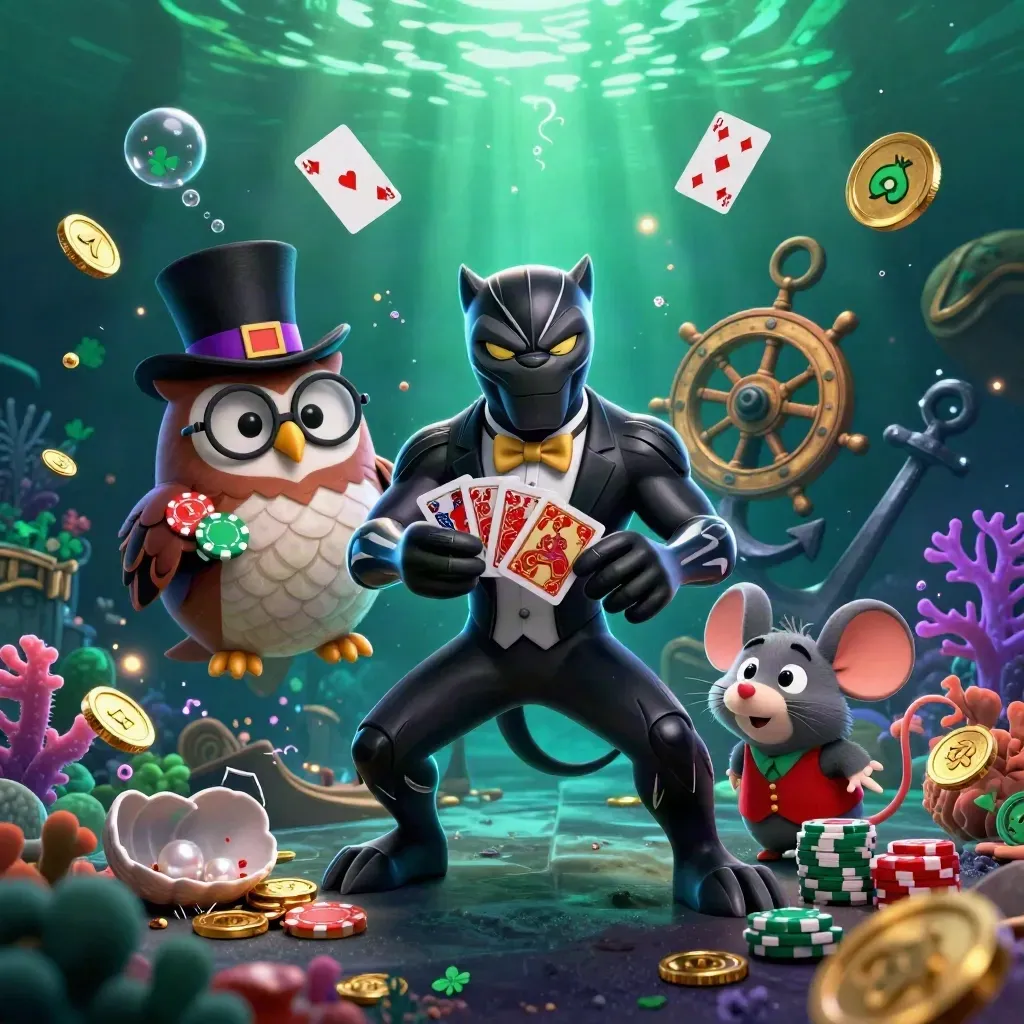 Panther, owl and mouse in tuxedo casino adventure amid underwater treasure and glowing gems.