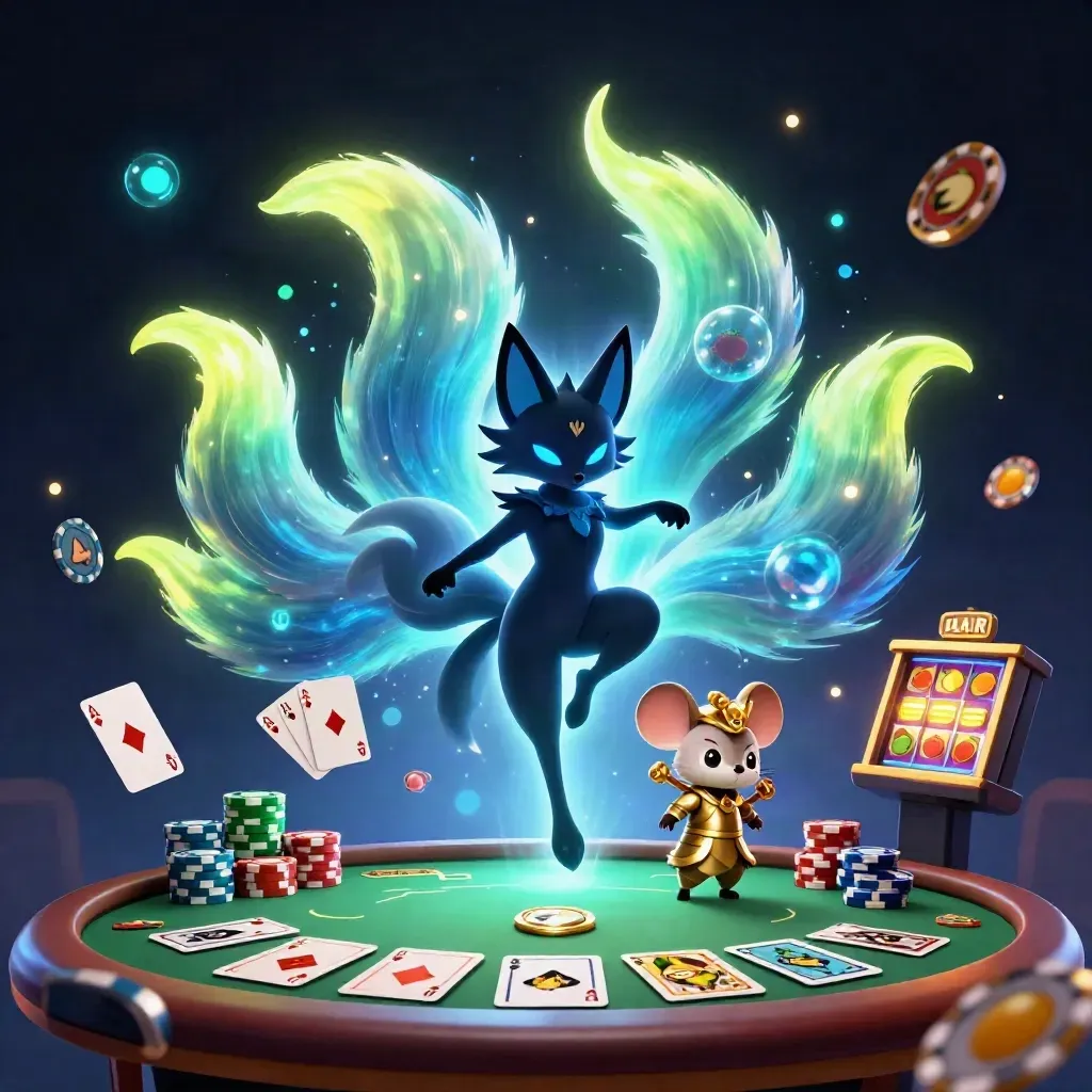 Nine-tailed fox spirit and golden samurai mouse amid poker chips, cards, and neon casino magic