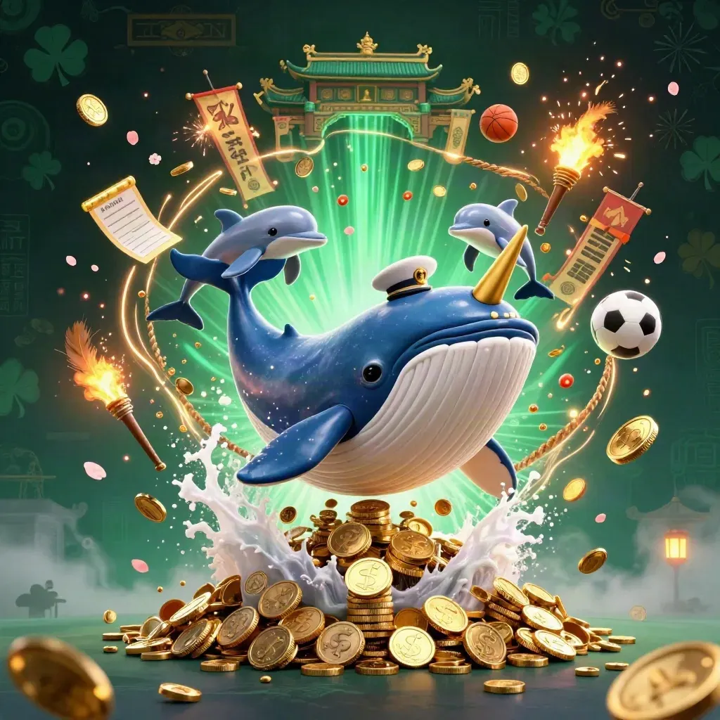 Whale, narwhal and dolphins burst through coins in a neon casino fantasy scene.