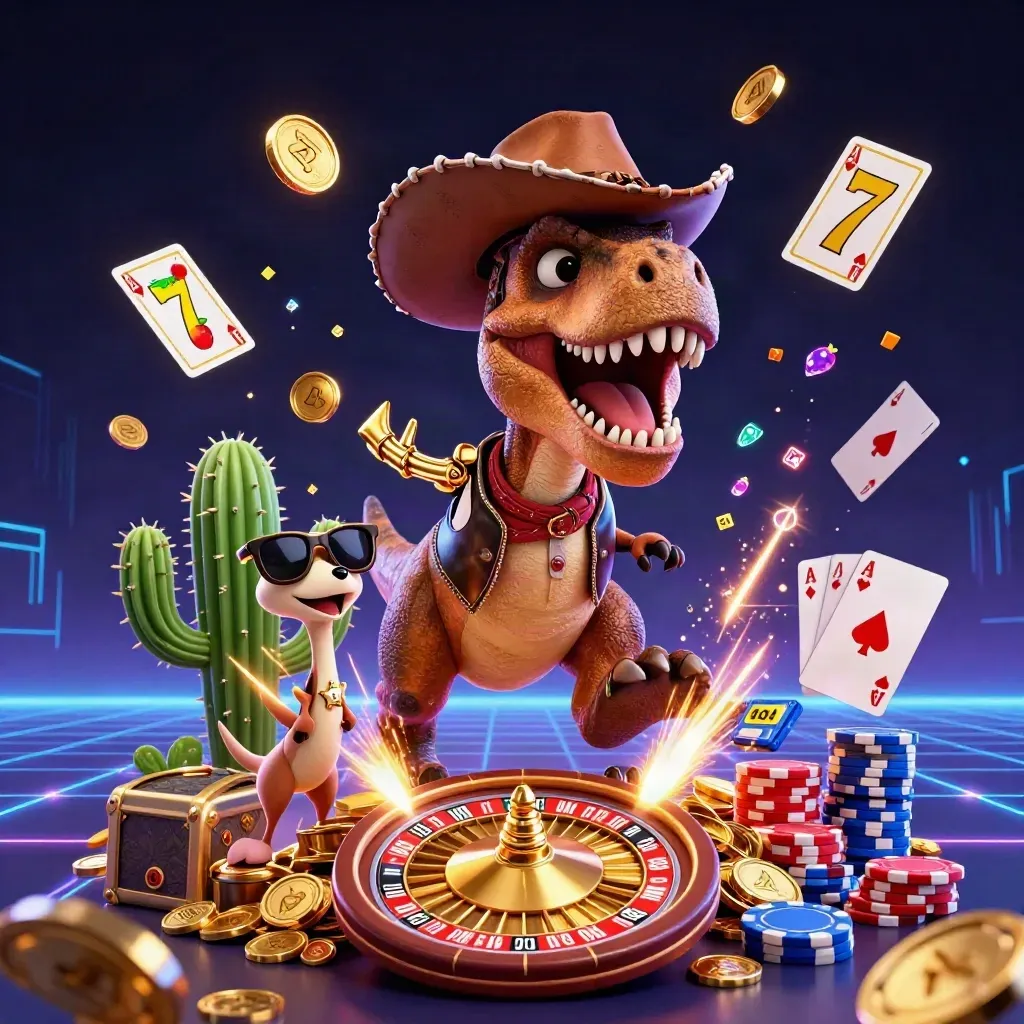 Cowboy T-Rex, cactus sidekick and roadrunner amid casino loot, coins and neon lightning