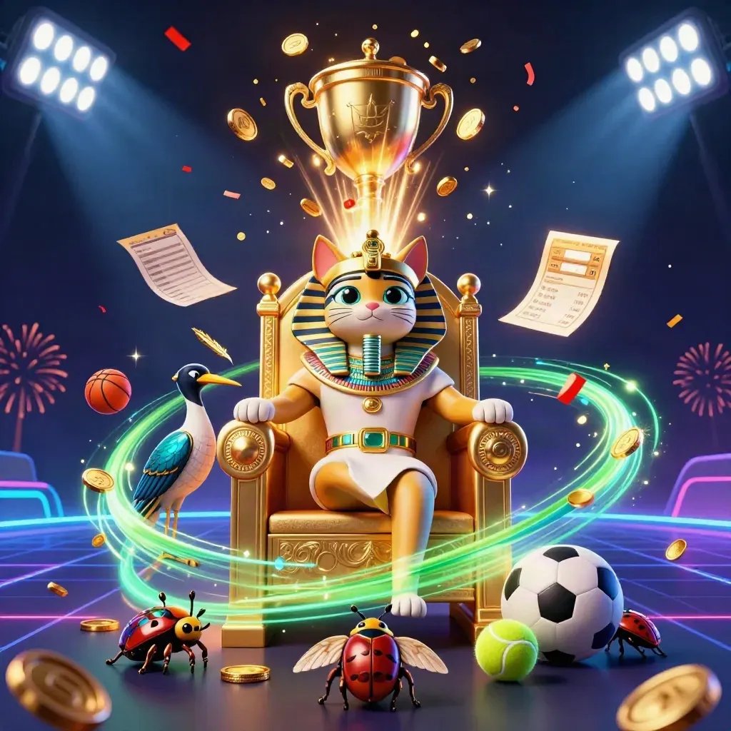 Pharaoh cat, ibis scribe, and gem-winged scarabs amid casino coins, sports balls, fireworks