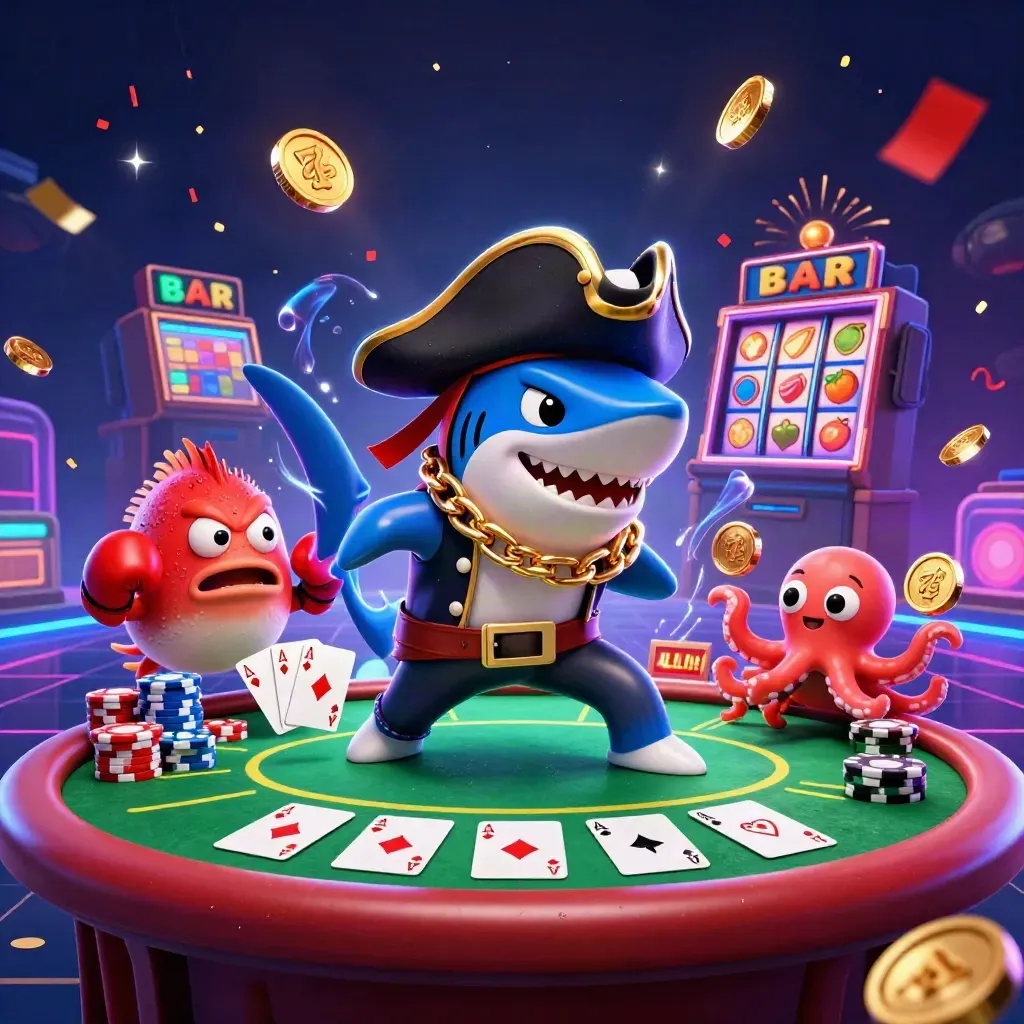 Shark captain, pufferfish and octopus amid chips, cards, reels and neon casino effects.