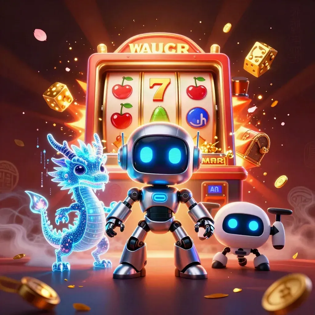 Robot mascot, holographic dragon, and coin drone amid exploding slot symbols and gold.